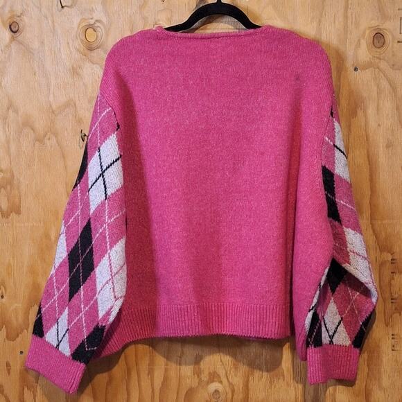 Divided H&M Cardigan Women's Size XXL Argyle V-Neck Cropped Maximalist Academia - Picture 3 of 6